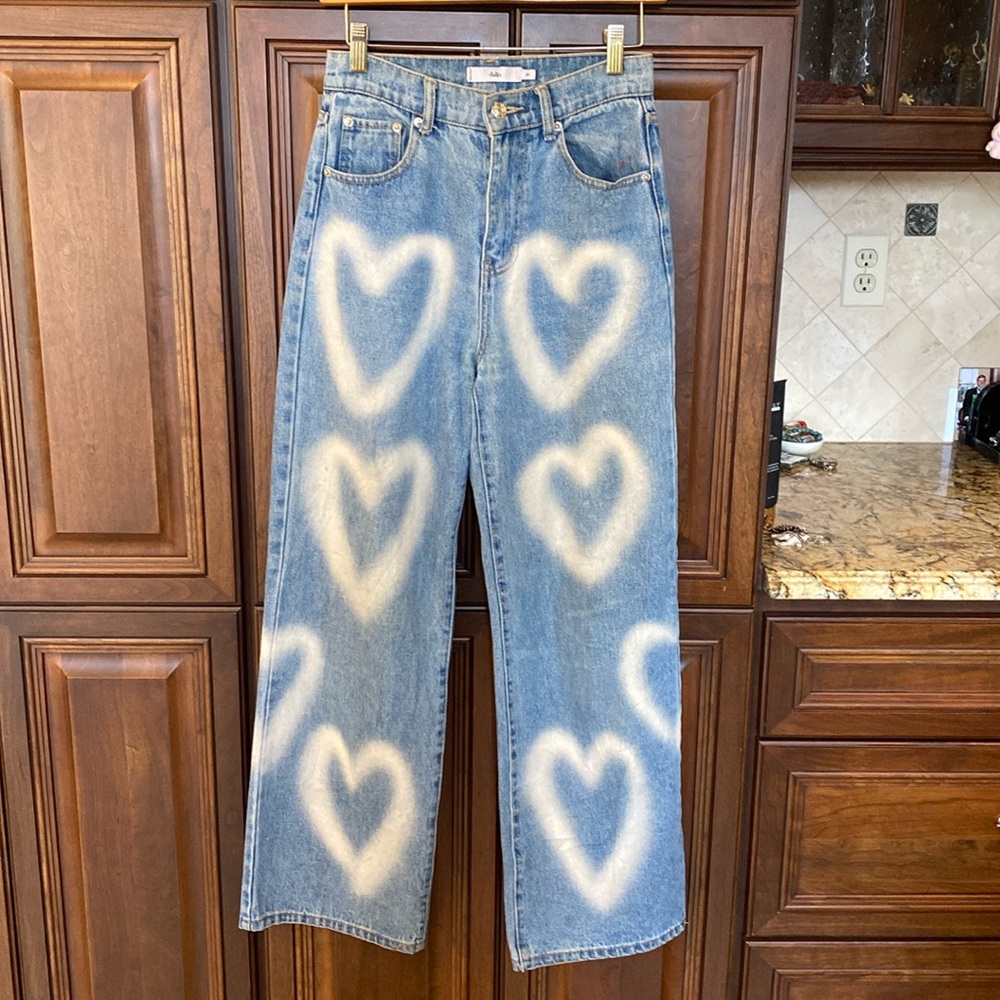 Adika Blue Denim Wide Leg Jeans with White Heart Spray Design